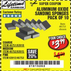 Harbor Freight Coupon ALUMINUM OXIDE SANDING SPONGES PACK OF 10 Lot No. 46751/46752/46753 Expired: 5/31/19 - $3.99
