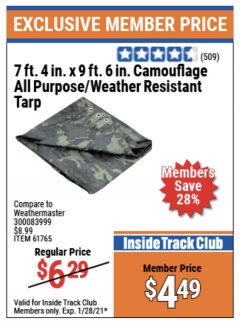 Harbor Freight ITC Coupon 7 FT. 4" x 9 FT. 6" CAMOUFLAGE ALL PURPOSE/WEATHER RESISTANT TARP Lot No. 46411/61765 Expired: 1/28/21 - $4.49