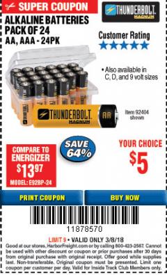Harbor Freight ITC Coupon THUNDERBOLT MAGNUM ALKALINE BATTERIES AA, AAA - 24 PK Lot No. 92405/61270/92404/69568/61271/92406/61272/92407/61279/92408 Expired: 3/8/18 - $5