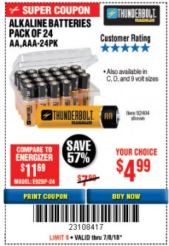 Harbor Freight Coupon THUNDERBOLT MAGNUM ALKALINE BATTERIES AA, AAA - 24 PK Lot No. 92405/61270/92404/69568/61271/92406/61272/92407/61279/92408 Expired: 7/8/18 - $4.99