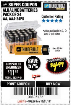 Harbor Freight Coupon THUNDERBOLT MAGNUM ALKALINE BATTERIES AA, AAA - 24 PK Lot No. 92405/61270/92404/69568/61271/92406/61272/92407/61279/92408 Expired: 10/31/18 - $4.99