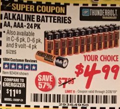 Harbor Freight Coupon THUNDERBOLT MAGNUM ALKALINE BATTERIES AA, AAA - 24 PK Lot No. 92405/61270/92404/69568/61271/92406/61272/92407/61279/92408 Expired: 2/28/19 - $4.99
