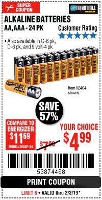 Harbor Freight Coupon THUNDERBOLT MAGNUM ALKALINE BATTERIES AA, AAA - 24 PK Lot No. 92405/61270/92404/69568/61271/92406/61272/92407/61279/92408 Expired: 2/3/19 - $4.99