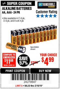 Harbor Freight Coupon THUNDERBOLT MAGNUM ALKALINE BATTERIES AA, AAA - 24 PK Lot No. 92405/61270/92404/69568/61271/92406/61272/92407/61279/92408 Expired: 2/10/19 - $4.99