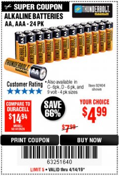 Harbor Freight Coupon THUNDERBOLT MAGNUM ALKALINE BATTERIES AA, AAA - 24 PK Lot No. 92405/61270/92404/69568/61271/92406/61272/92407/61279/92408 Expired: 4/14/19 - $4.99