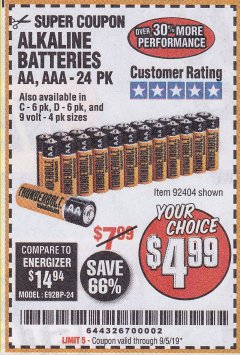 Harbor Freight Coupon THUNDERBOLT MAGNUM ALKALINE BATTERIES AA, AAA - 24 PK Lot No. 92405/61270/92404/69568/61271/92406/61272/92407/61279/92408 Expired: 9/5/19 - $4.99