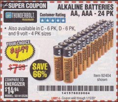 Harbor Freight Coupon THUNDERBOLT MAGNUM ALKALINE BATTERIES AA, AAA - 24 PK Lot No. 92405/61270/92404/69568/61271/92406/61272/92407/61279/92408 Expired: 1/15/20 - $4.99
