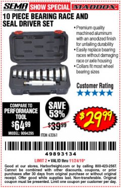 Harbor Freight Coupon 10 PIECE BEARING RACE AND SEAL DRIVER SET Lot No. 63261 Expired: 11/24/19 - $29.99