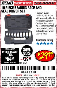 Harbor Freight Coupon 10 PIECE BEARING RACE AND SEAL DRIVER SET Lot No. 63261 Expired: 11/24/19 - $29.99