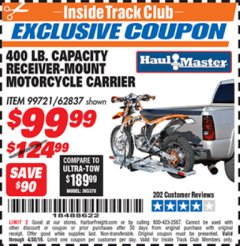 Harbor Freight ITC Coupon 400 LB. CAPACITY RECEIVER-MOUNT MOTORCYCLE CARRIER Lot No. 99721/62837 Expired: 4/30/19 - $99.99