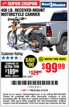 Harbor Freight Coupon 400 LB. CAPACITY RECEIVER-MOUNT MOTORCYCLE CARRIER Lot No. 99721/62837 Expired: 6/30/20 - $99.99