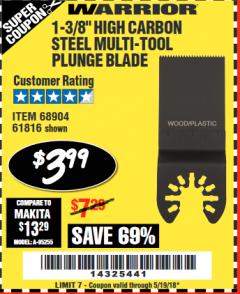 Harbor Freight Coupon 1-3/8" HIGH CARBON STEEL MULTI-TOOL PLUNGE BLADE Lot No. 61816/68904 Expired: 5/19/18 - $3.99