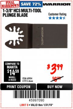 Harbor Freight Coupon 1-3/8" HIGH CARBON STEEL MULTI-TOOL PLUNGE BLADE Lot No. 61816/68904 Expired: 1/31/19 - $3.99