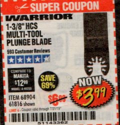 Harbor Freight Coupon 1-3/8" HIGH CARBON STEEL MULTI-TOOL PLUNGE BLADE Lot No. 61816/68904 Expired: 7/31/19 - $3.99