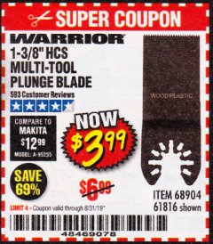 Harbor Freight Coupon 1-3/8" HIGH CARBON STEEL MULTI-TOOL PLUNGE BLADE Lot No. 61816/68904 Expired: 8/31/19 - $3.99