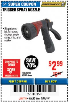 Harbor Freight Coupon TRIGGER SPRAY NOZZLE Lot No. 62177/92398 Expired: 5/20/18 - $2.99