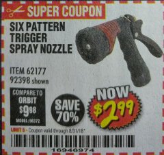 Harbor Freight Coupon TRIGGER SPRAY NOZZLE Lot No. 62177/92398 Expired: 8/31/18 - $2.99