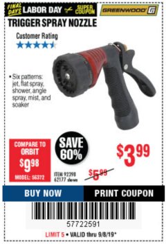 Harbor Freight Coupon TRIGGER SPRAY NOZZLE Lot No. 62177/92398 Expired: 9/8/19 - $3.99