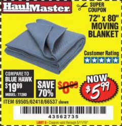 Harbor Freight Coupon 72" X 80" MOVING BLANKET Lot No. 66537/69505/62418 Expired: 5/11/19 - $5.99