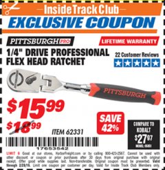 Harbor Freight ITC Coupon 1/4" DRIVE FLEX-HEAD RATCHET Lot No. 62331 Expired: 2/28/19 - $15.99