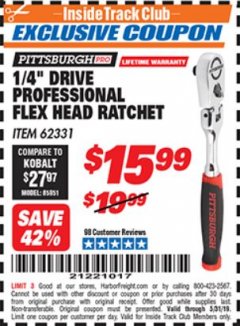 Harbor Freight ITC Coupon 1/4" DRIVE FLEX-HEAD RATCHET Lot No. 62331 Expired: 5/31/19 - $15.99