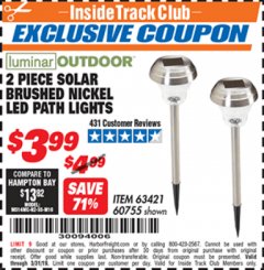 Harbor Freight ITC Coupon 2 PIECE SOLAR BRUSHED NICKEL LED PATH LIGHTS Lot No. 60755/63421 Expired: 3/31/19 - $3.99
