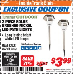 Harbor Freight ITC Coupon 2 PIECE SOLAR BRUSHED NICKEL LED PATH LIGHTS Lot No. 60755/63421 Expired: 3/31/20 - $3.99