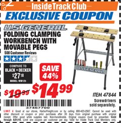 Harbor Freight ITC Coupon FOLDING CLAMPING WORKBENCH WITH MOVABLE PEGS Lot No. 47844 Expired: 8/31/19 - $14.99
