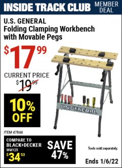 Harbor Freight ITC Coupon FOLDING CLAMPING WORKBENCH WITH MOVABLE PEGS Lot No. 47844 Expired: 1/6/22 - $17.99