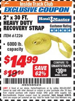 Harbor Freight ITC Coupon 2" x 30 FT. HEAVY DUTY RECOVERY STRAP Lot No. 61226 Expired: 6/30/18 - $14.99