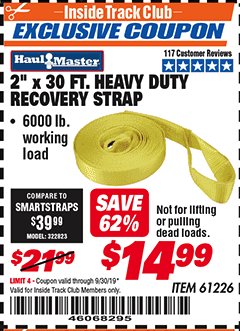 Harbor Freight ITC Coupon 2" x 30 FT. HEAVY DUTY RECOVERY STRAP Lot No. 61226 Expired: 9/30/19 - $14.99