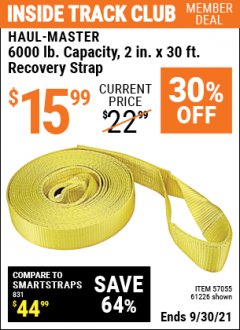 Harbor Freight ITC Coupon 2" x 30 FT. HEAVY DUTY RECOVERY STRAP Lot No. 61226 Expired: 9/30/21 - $15.99