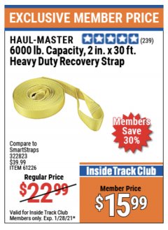 Harbor Freight ITC Coupon 2" x 30 FT. HEAVY DUTY RECOVERY STRAP Lot No. 61226 Expired: 1/28/21 - $15.99