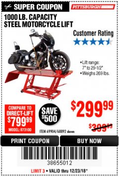 Harbor Freight Coupon 1000 LB. CAPACITY MOTORCYCLE LIFT Lot No. 69904/68892 Expired: 12/23/18 - $299.99