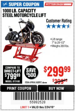 Harbor Freight Coupon 1000 LB. CAPACITY MOTORCYCLE LIFT Lot No. 69904/68892 Expired: 2/24/19 - $299.99
