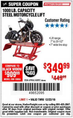 Harbor Freight Coupon 1000 LB. CAPACITY MOTORCYCLE LIFT Lot No. 69904/68892 Expired: 12/22/19 - $349.99