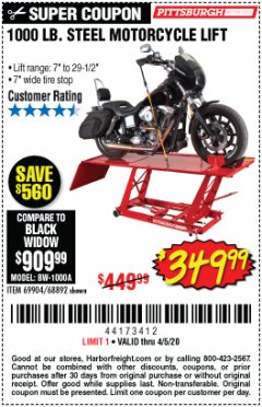 Harbor Freight Coupon 1000 LB. CAPACITY MOTORCYCLE LIFT Lot No. 69904/68892 Expired: 6/30/20 - $349.99