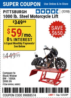 Harbor Freight Coupon 1000 LB. CAPACITY MOTORCYCLE LIFT Lot No. 69904/68892 Expired: 12/3/20 - $349.99