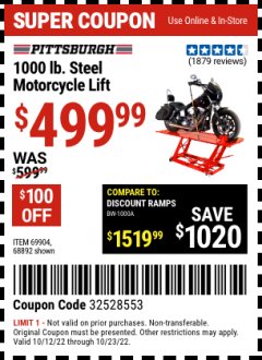 Harbor Freight Coupon 1000 LB. CAPACITY MOTORCYCLE LIFT Lot No. 69904/68892 Expired: 10/23/22 - $4.99