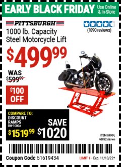 Harbor Freight Coupon 1000 LB. CAPACITY MOTORCYCLE LIFT Lot No. 69904/68892 Expired: 11/13/22 - $499.99
