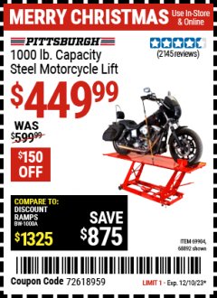 Harbor Freight Coupon 1000 LB. CAPACITY MOTORCYCLE LIFT Lot No. 69904/68892 Expired: 12/7/23 - $449.99