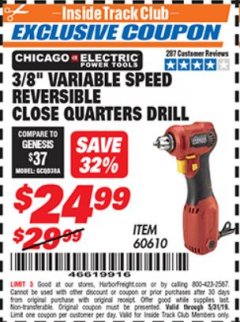 Harbor Freight ITC Coupon 3/8" VARIABLE SPEED REVERSIBLE CLOSE QUARTERS DRILL Lot No. 60610/92956 Expired: 5/31/19 - $24.99