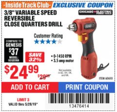 Harbor Freight ITC Coupon 3/8" VARIABLE SPEED REVERSIBLE CLOSE QUARTERS DRILL Lot No. 60610/92956 Expired: 5/28/19 - $24.99