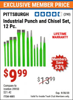 Harbor Freight ITC Coupon 12 PIECE INDUSTRIAL PUNCH AND CHISEL SET Lot No. 4885 Expired: 9/30/20 - $9.99