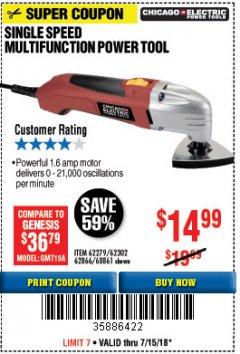 Harbor Freight Coupon MULTIFUNCTION POWER TOOL Lot No. 68861/60428/62279/62302 Expired: 7/15/18 - $14.99