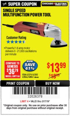 Harbor Freight Coupon MULTIFUNCTION POWER TOOL Lot No. 68861/60428/62279/62302 Expired: 3/17/19 - $13.99