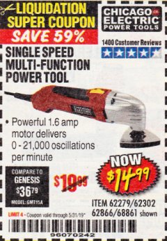 Harbor Freight Coupon MULTIFUNCTION POWER TOOL Lot No. 68861/60428/62279/62302 Expired: 5/31/19 - $14.99