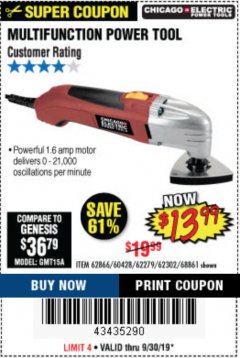 Harbor Freight Coupon MULTIFUNCTION POWER TOOL Lot No. 68861/60428/62279/62302 Expired: 9/30/19 - $13.99