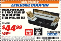 Harbor Freight ITC Coupon 115 PIECE TITANIUM NITRIDE COATED M2 HIGH SPEED STEEL DRILL BIT SET Lot No. 1611/61543 Expired: 8/31/18 - $44.99