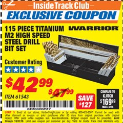 Harbor Freight ITC Coupon 115 PIECE TITANIUM NITRIDE COATED M2 HIGH SPEED STEEL DRILL BIT SET Lot No. 1611/61543 Expired: 10/31/18 - $42.99